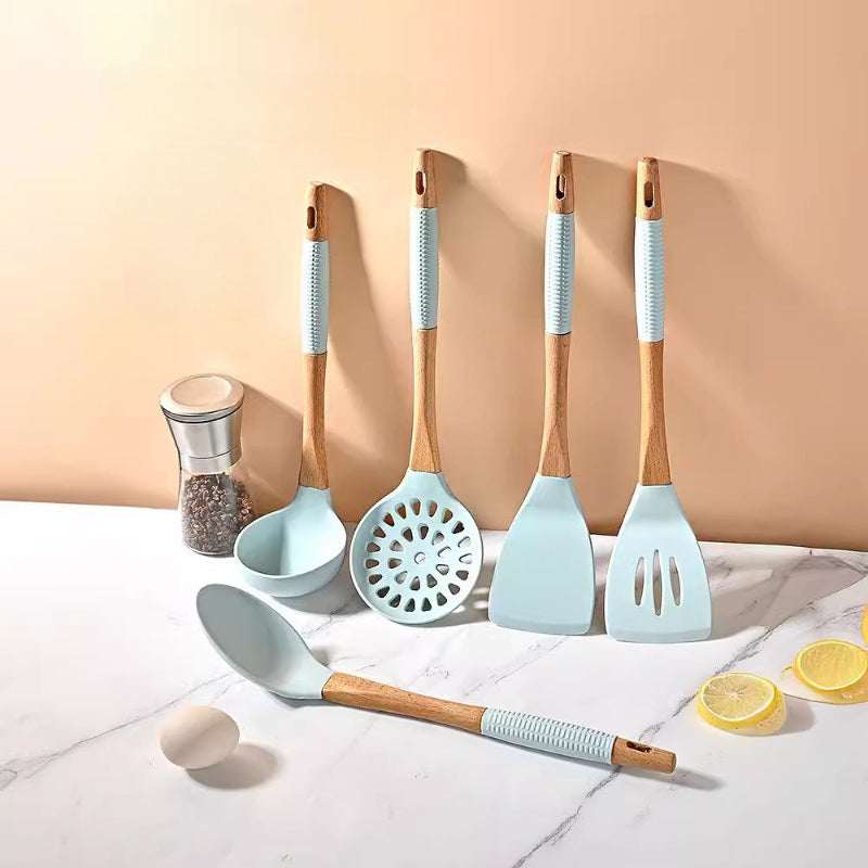 5pcs Silicone Kitchenware Set | Nonstick Cooking Utensils with Wooden Handle, Heat-Resistant Spatula and Spoon Set for Home Use, Ideal for Various Holidays