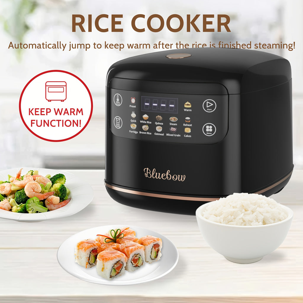Bluebow 67.63oz Mini Digital Rice Cooker, 10-in-1 Portable Multi Function Rice Cooker, Auto Presets, Non Stick Inner Pot, Touch-screen, Delay & Keep Warm, Black