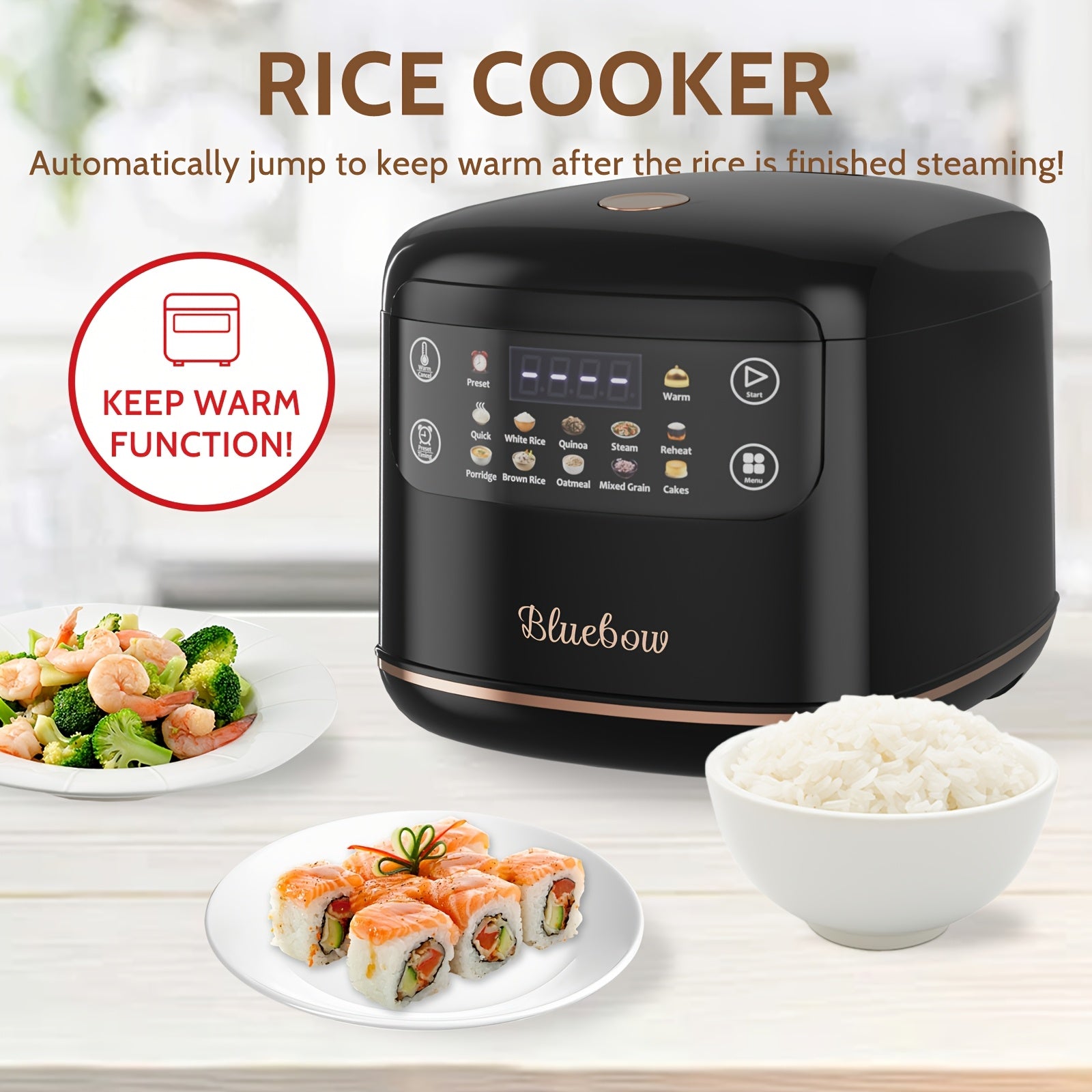Bluebow 67.63oz Mini Digital Rice Cooker, 10-in-1 Portable Multi Function Rice Cooker, Auto Presets, Non Stick Inner Pot, Touch-screen, Delay & Keep Warm, Black