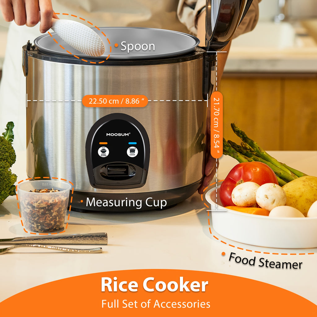 Moosum Electric Rice Cooker with One Touch for Asian Japanese Sushi Rice, 5-Cup Uncooked with Stainless Steel Inner Pot, Removable Inner Cover And Auto Warmer, Silvery