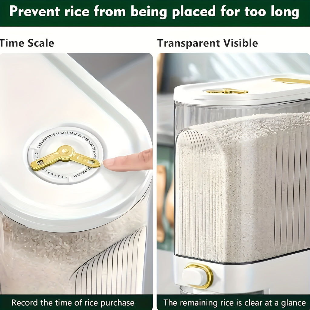 Large Rice & Cereal Dispenser, 22Lbs Plastic Grain Storage Container with Airtight Flip-Top Lid, Clear Front Panel for Dry Foods (Rice, Corn, Soybeans), Measuring Cup & Time Dial, Pantry Bulk Grain Dispenser for Commercial