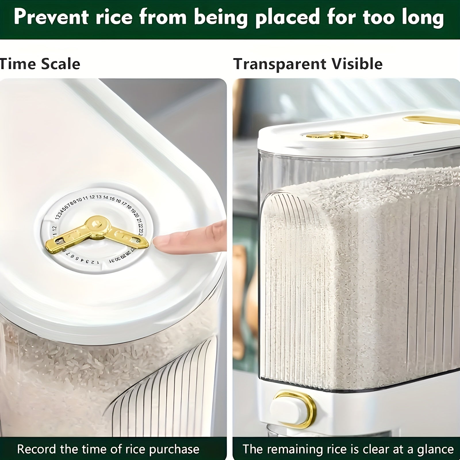Large Rice & Cereal Dispenser, 22Lbs Plastic Grain Storage Container with Airtight Flip-Top Lid, Clear Front Panel for Dry Foods (Rice, Corn, Soybeans), Measuring Cup & Time Dial, Pantry Bulk Grain Dispenser for Commercial
