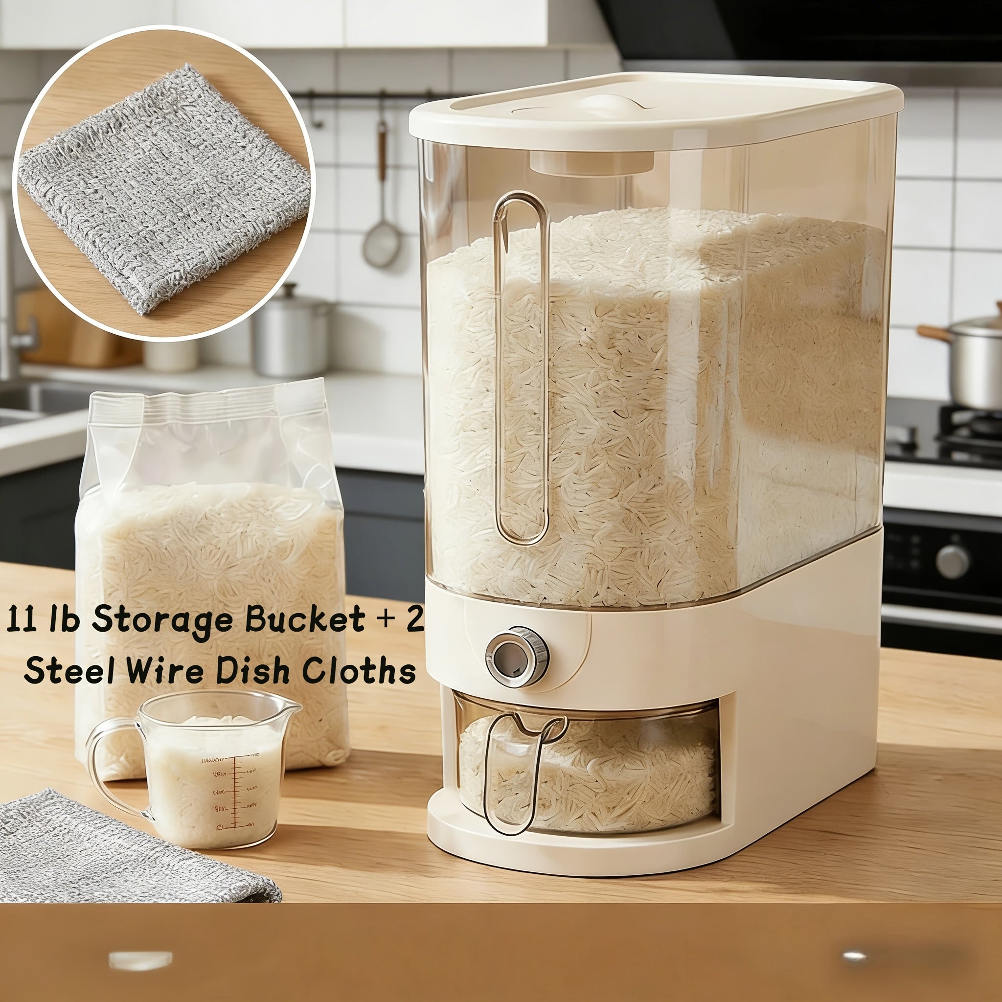 Multifunctional Large Capacity Food Dispenser, Auto Press Insect Proof Moisture Proof Container, 22LB\u002F11LB with Measuring Cup & 2 Dish Cloths for Rice, Grains, Pet Food, Coffee Beans