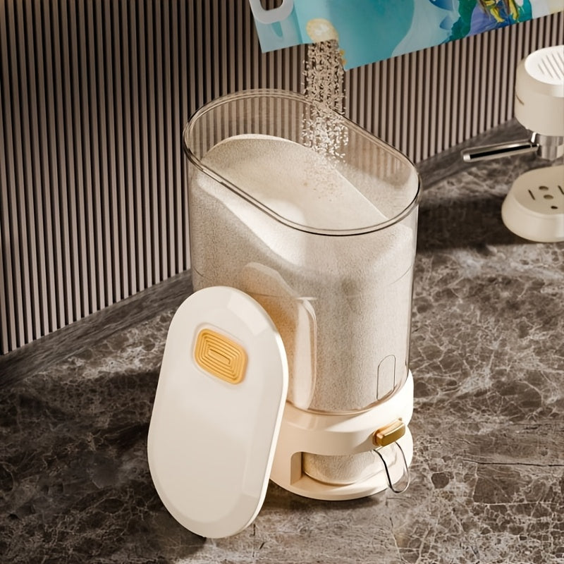22lbs Large Airtight Rice Dispenser with Press Button Release & Measuring Cup - Transparent\u002FCream White Suitable for Kitchen Pantry Storage, Flip-Top Lid Container, - Operation for Rice, Grains, Pasta Dispensing, Plastic