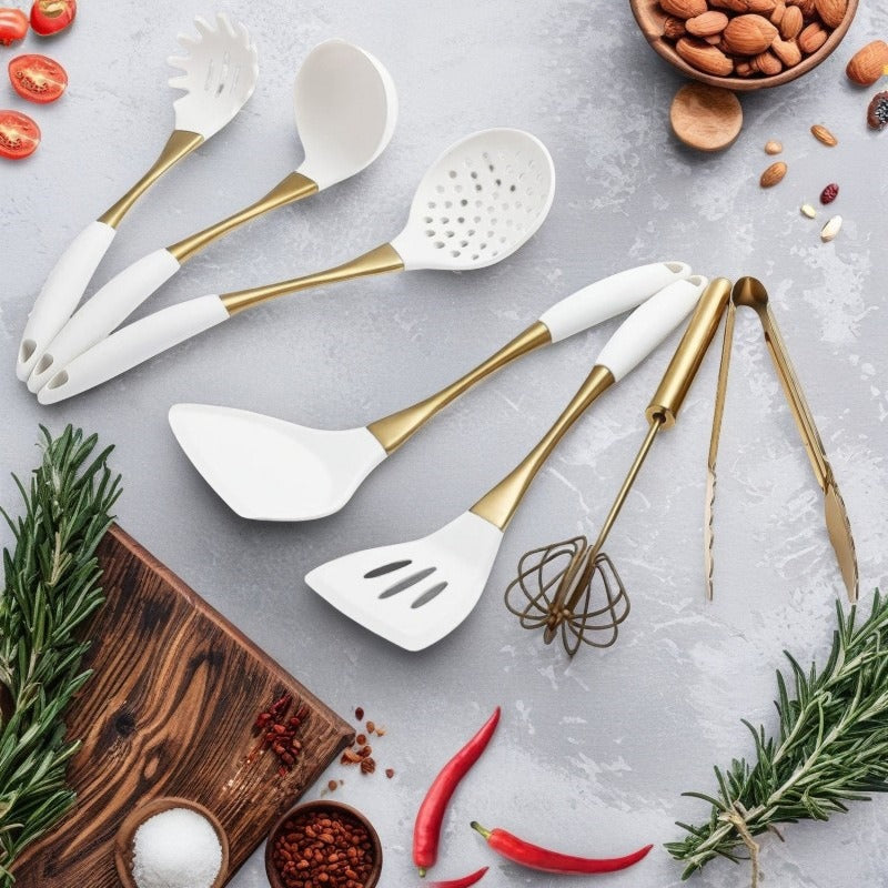 White Golden Handle Silicone Kitchenware 304 Stainless Steel Silicone Kitchenware 8pcs Kitchen Cooking Shovel Spoon Tools