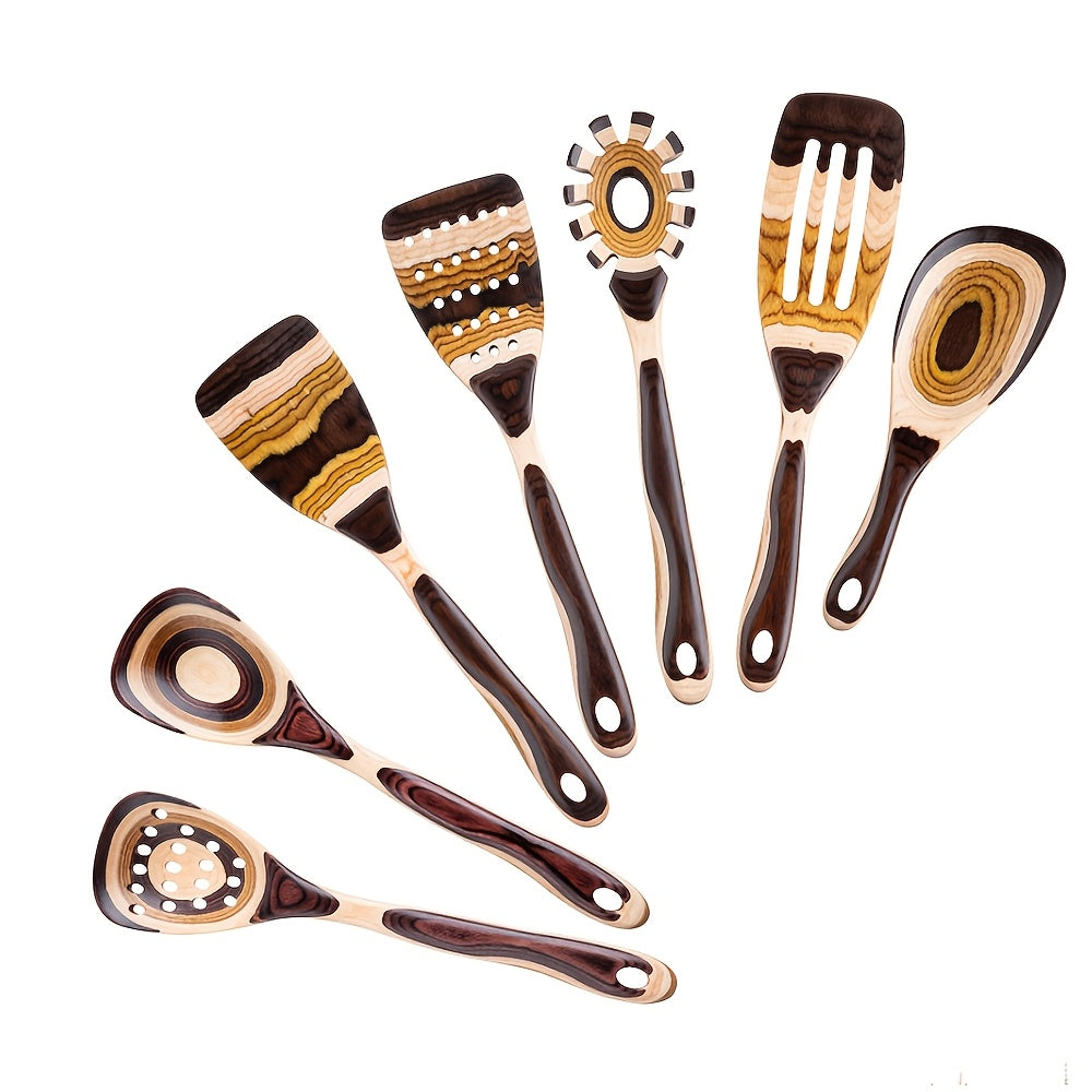 Pakkawood Spurtle Set, Kitchen Utensils Set For Cooking, WOSPONFAN 7pcs Pakkawood Wooden Cooking Spoons & Spatulas With Spoon Rest, Safe For Non-Stick Cookware, Outdoors & Kitchen Gift (Brown Spoon-7pcs)