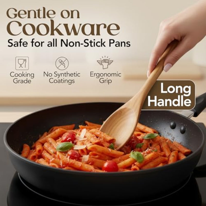 8pcs Teak Wooden Cooking Spoons Set | Wooden Utensil Set With Spatula, Scraper, Pasta Spoon, Rice Paddle, Tongs For Everyday Cooking | Smooth Sanded End, Comfortable Grip Handles, Gentle On Cookware
