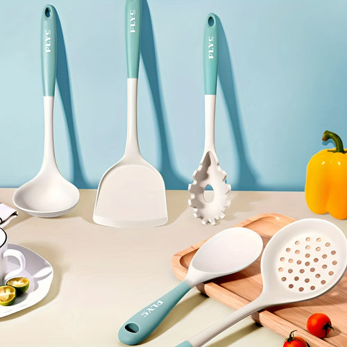 5pcs Milk Blue Kitchen Utensil Set, Including a Soup Ladle, Spatula, Spaghetti Server, Rice Paddle, and Slotted Spoon. Soft and Non-scratch for Pots, Heat-resistant and Easy to Clean. Features a Hook on the End for Convenient Storage, a Great Helper