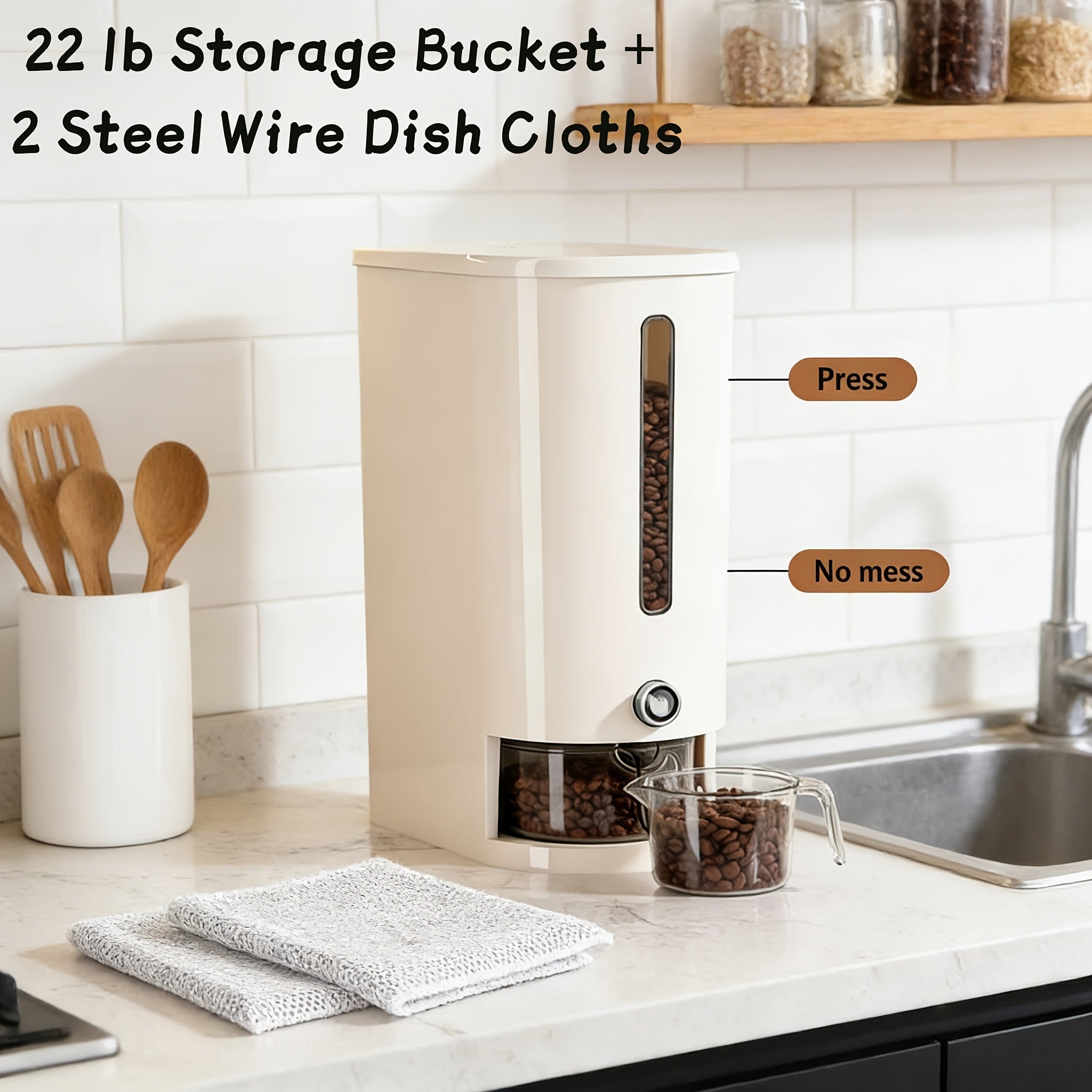Multifunctional Large Capacity Food Dispenser, Auto Press Insect Proof Moisture Proof Container, 22LB\u002F11LB with Measuring Cup & 2 Dish Cloths for Rice, Grains, Pet Food, Coffee Beans