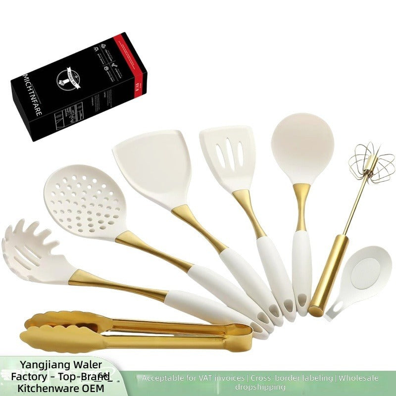 White Golden Handle Silicone Kitchenware 304 Stainless Steel Silicone Kitchenware 8pcs Kitchen Cooking Shovel Spoon Tools
