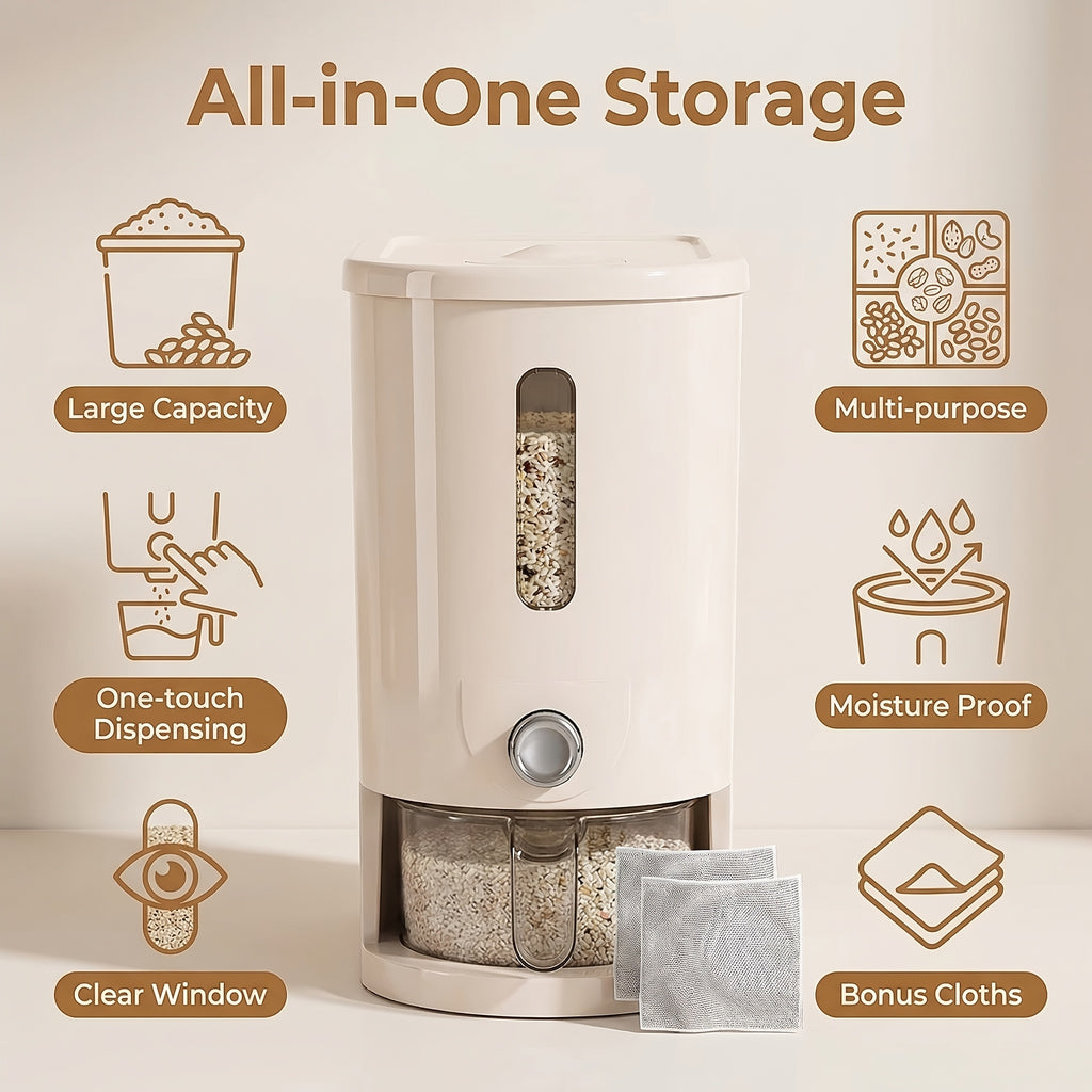Multifunctional Large Capacity Food Dispenser, Auto Press Insect Proof Moisture Proof Container, 22LB\u002F11LB with Measuring Cup & 2 Dish Cloths for Rice, Grains, Pet Food, Coffee Beans