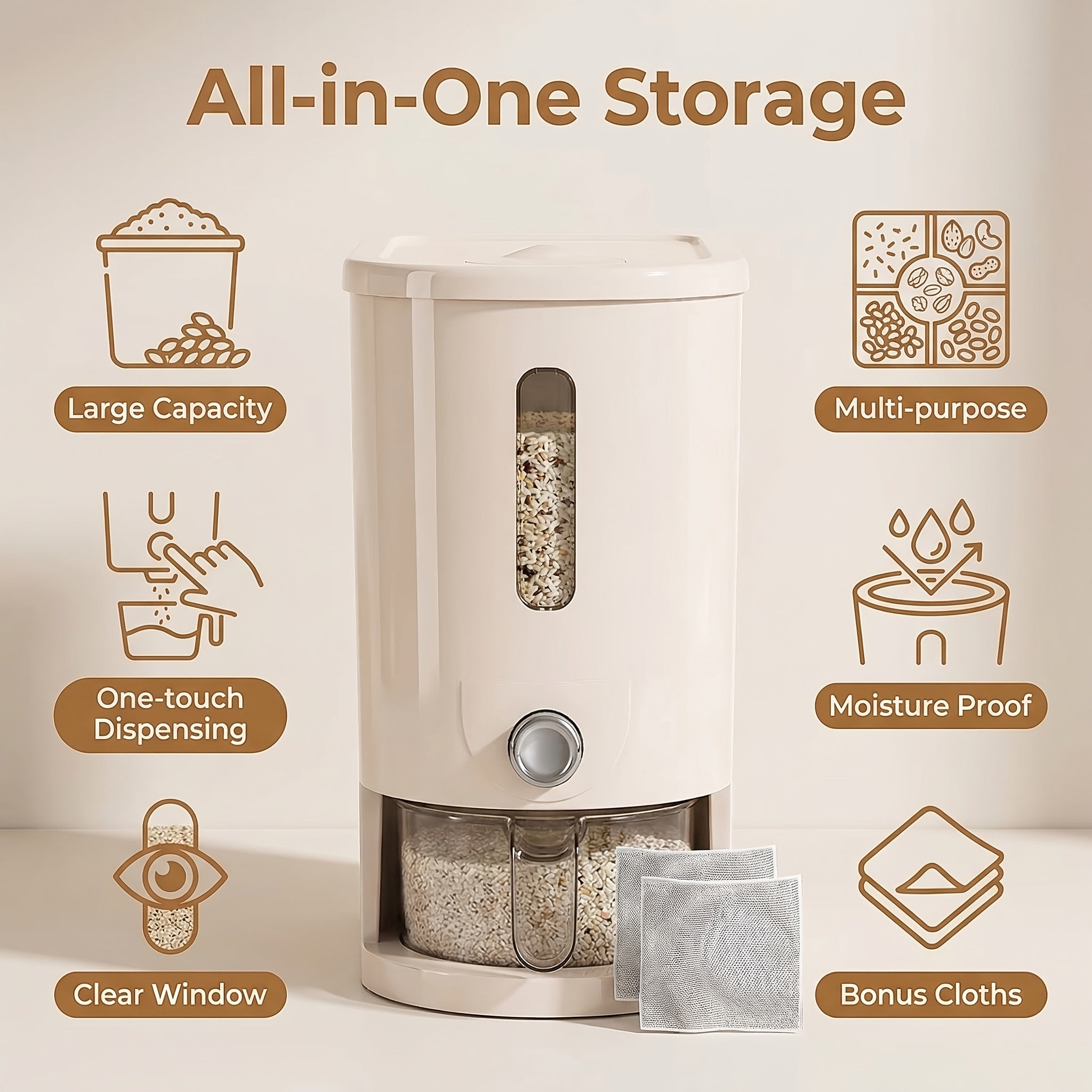 Multifunctional Large Capacity Food Dispenser, Auto Press Insect Proof Moisture Proof Container, 22LB\u002F11LB with Measuring Cup & 2 Dish Cloths for Rice, Grains, Pet Food, Coffee Beans