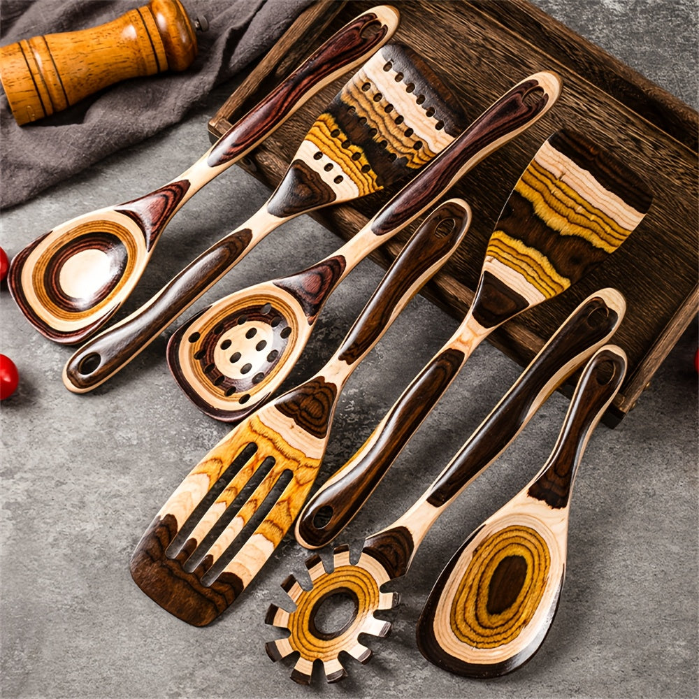Pakkawood Spurtle Set, Kitchen Utensils Set For Cooking, WOSPONFAN 7pcs Pakkawood Wooden Cooking Spoons & Spatulas With Spoon Rest, Safe For Non-Stick Cookware, Outdoors & Kitchen Gift (Brown Spoon-7pcs)