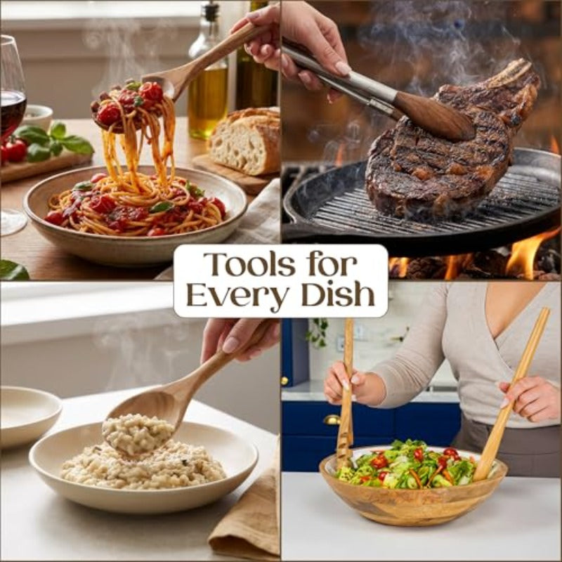 8pcs Teak Wooden Cooking Spoons Set | Wooden Utensil Set With Spatula, Scraper, Pasta Spoon, Rice Paddle, Tongs For Everyday Cooking | Smooth Sanded End, Comfortable Grip Handles, Gentle On Cookware
