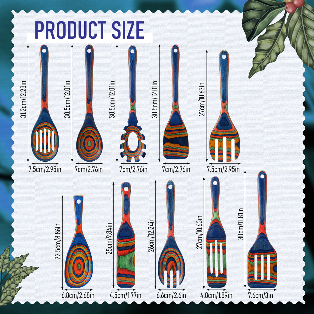 10pcs Pakkawood Kitchen Utensils Set Blue Rainbow Pakkawood Wooden Spoons for Cooking with Spatula, Slotted Turner, Rice Paddle Long Handle Non Stick Utensils Set for Household Women Gifts
