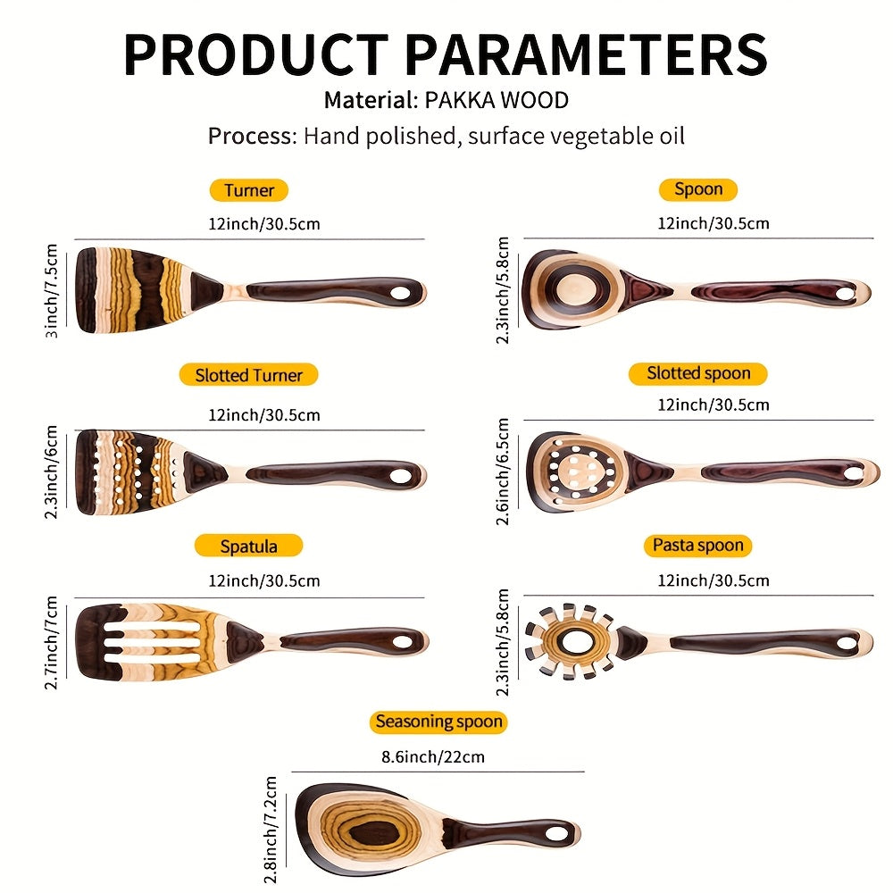 Pakkawood Spurtle Set, Kitchen Utensils Set For Cooking, WOSPONFAN 7pcs Pakkawood Wooden Cooking Spoons & Spatulas With Spoon Rest, Safe For Non-Stick Cookware, Outdoors & Kitchen Gift (Brown Spoon-7pcs)