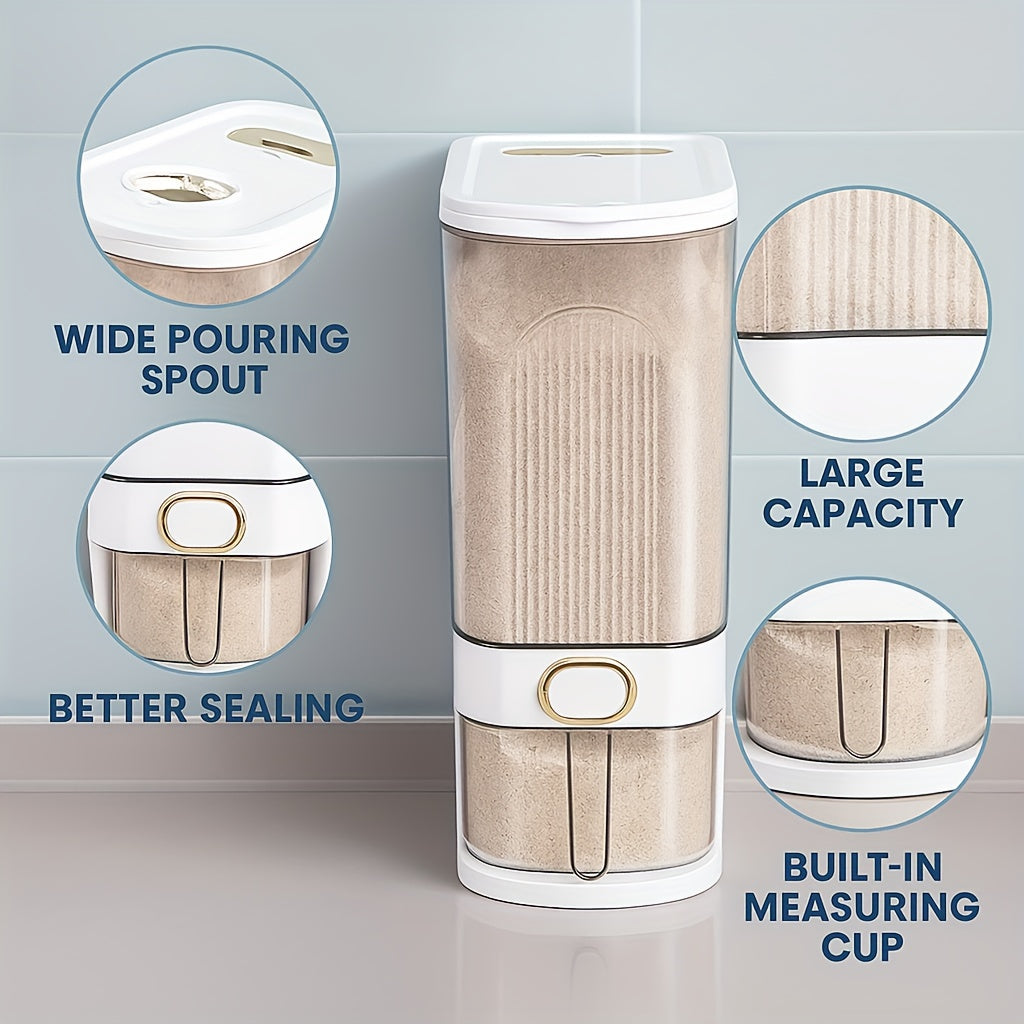 Large Rice & Cereal Dispenser, 22Lbs Plastic Grain Storage Container with Airtight Flip-Top Lid, Clear Front Panel for Dry Foods (Rice, Corn, Soybeans), Measuring Cup & Time Dial, Pantry Bulk Grain Dispenser for Commercial