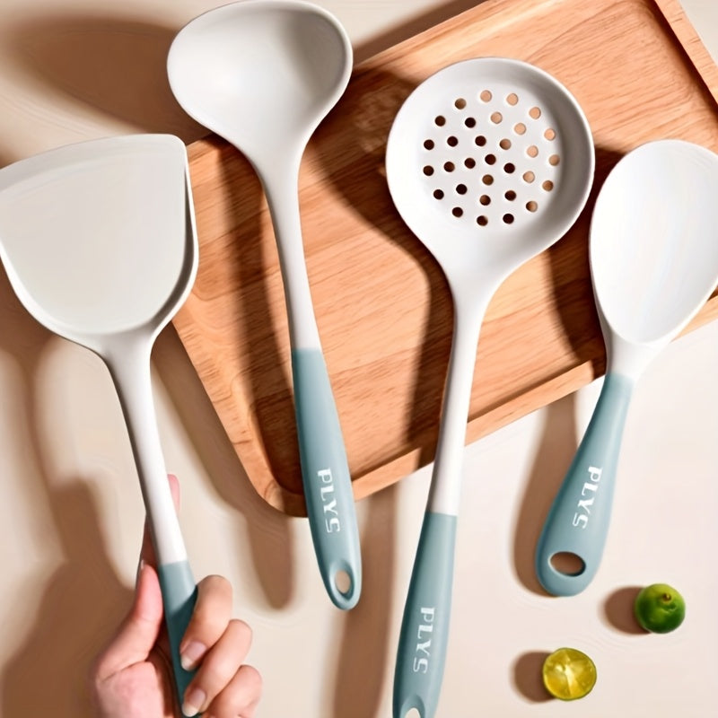 5pcs Milk Blue Kitchen Utensil Set, Including a Soup Ladle, Spatula, Spaghetti Server, Rice Paddle, and Slotted Spoon. Soft and Non-scratch for Pots, Heat-resistant and Easy to Clean. Features a Hook on the End for Convenient Storage, a Great Helper