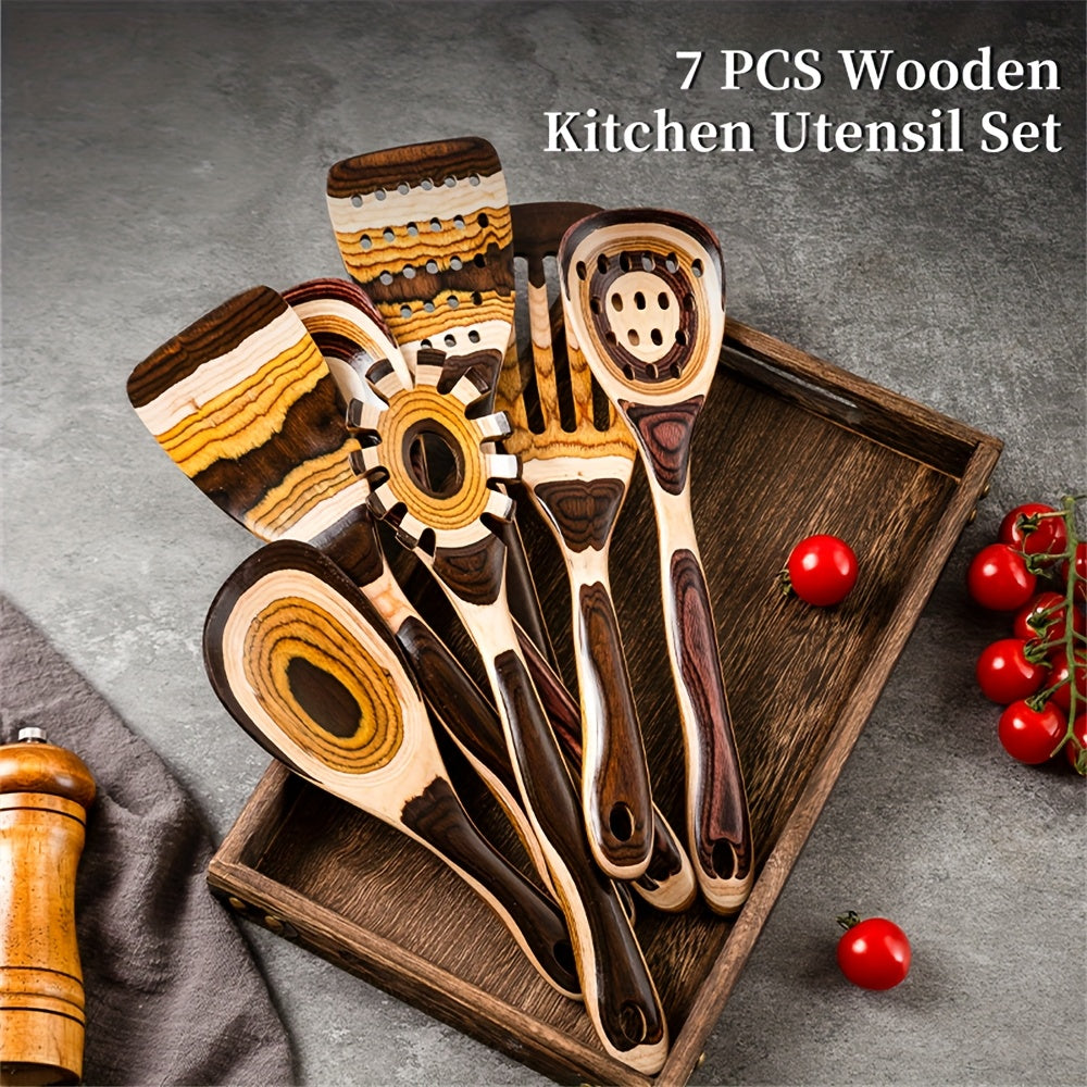 Pakkawood Spurtle Set, Kitchen Utensils Set For Cooking, WOSPONFAN 7pcs Pakkawood Wooden Cooking Spoons & Spatulas With Spoon Rest, Safe For Non-Stick Cookware, Outdoors & Kitchen Gift (Brown Spoon-7pcs)